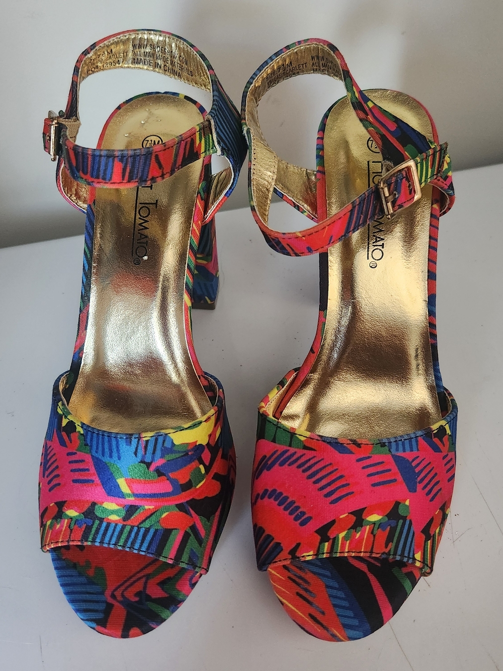 Hot Tomato Multicolor Ankle-Strap Block Heels with Gold Footbed